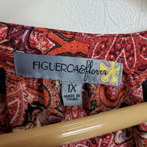 Figueroa & Flower Paisley Floral Bohemian Peasant Blouse Black Multi Women's 1X - Picture 2 of 11